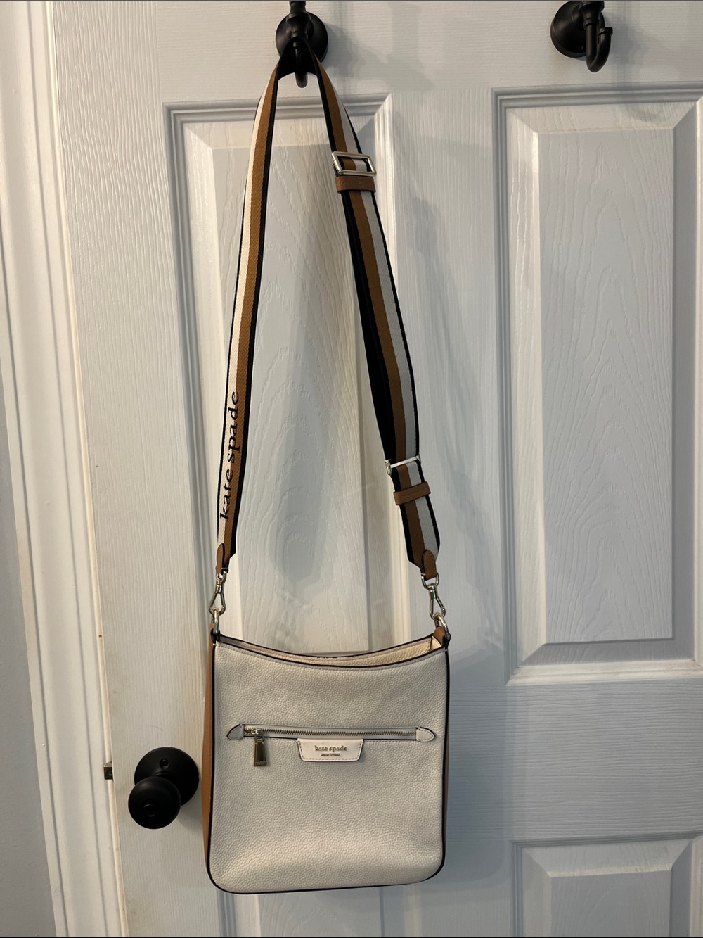 kate spade Cream Pebbled Leather Crossbody with Striped Adjustable Strap